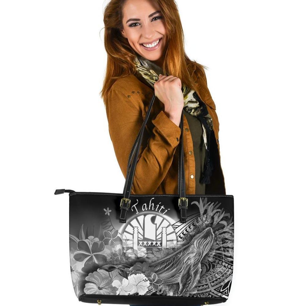 Tahiti Leather Tote Bag - Humpback Whale with Tropical Flowers (White) White - Polynesian Pride