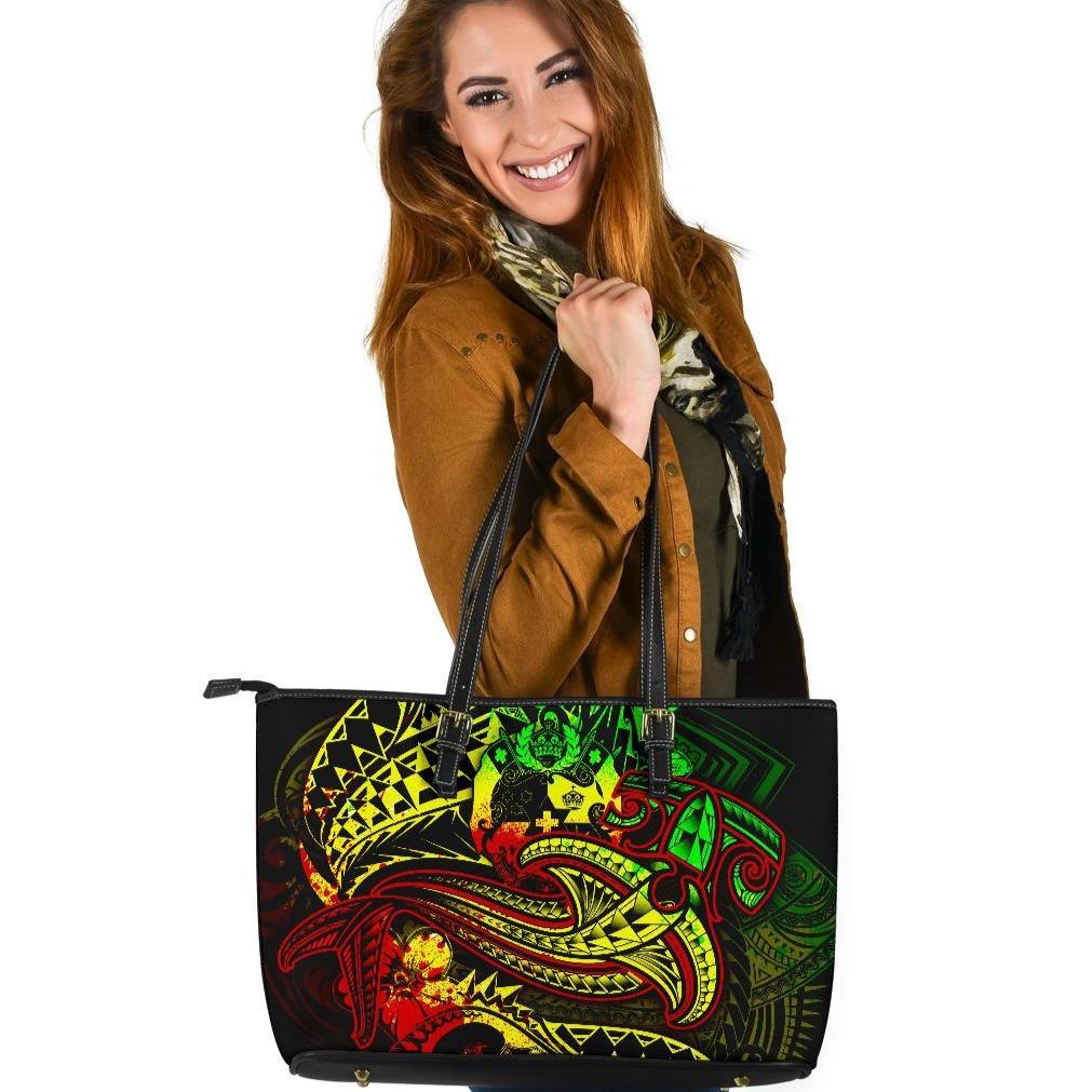 Tonga Leather Tote Bag - Reggae Shark Polynesian Tattoo Reggae - Polynesian Pride