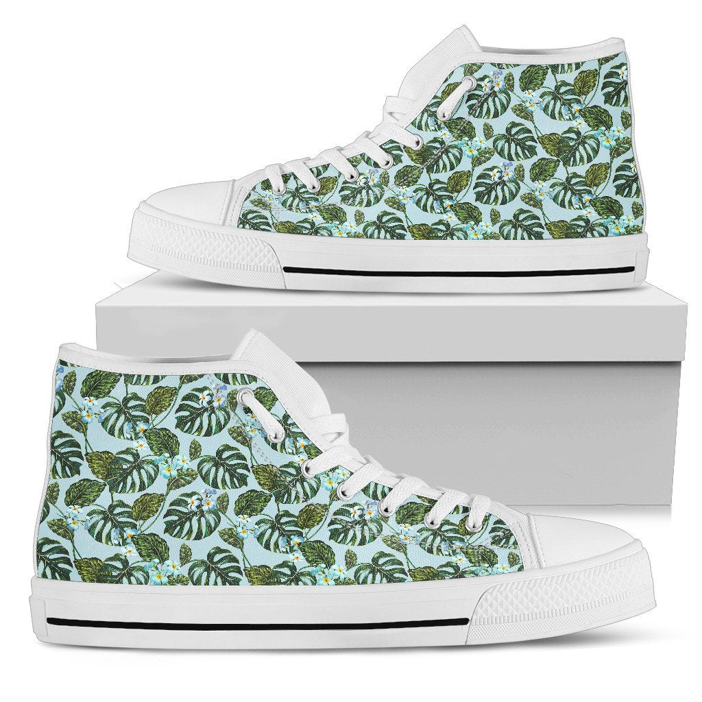 Hawaiian Shoes - Tropical Flowers Monstera Leaf High Top Shoes Mens High Top White - Polynesian Pride