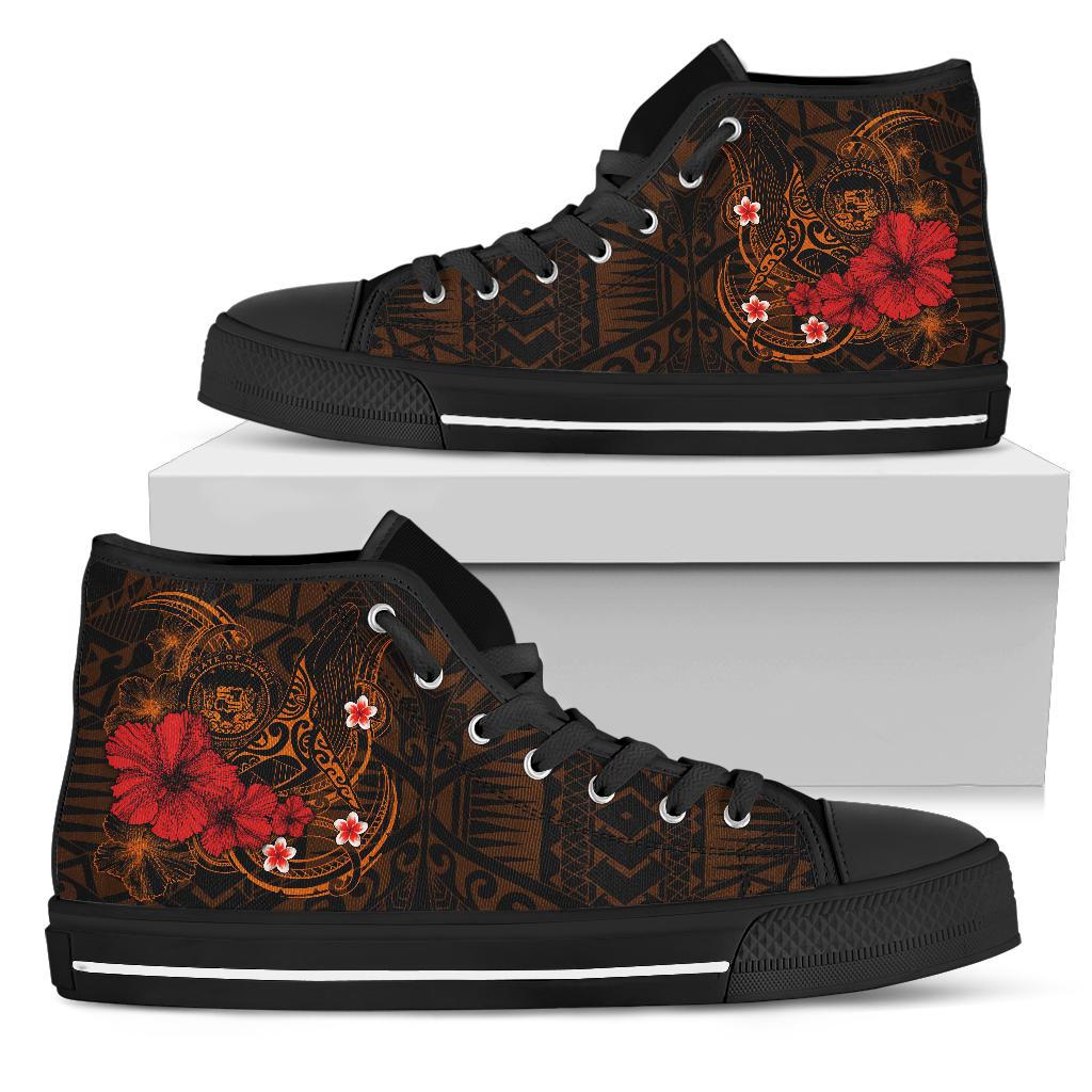 Polynesian Hawaii High Top Shoes - Humpback Whale with Hibiscus (Golden) Unisex Black - Polynesian Pride