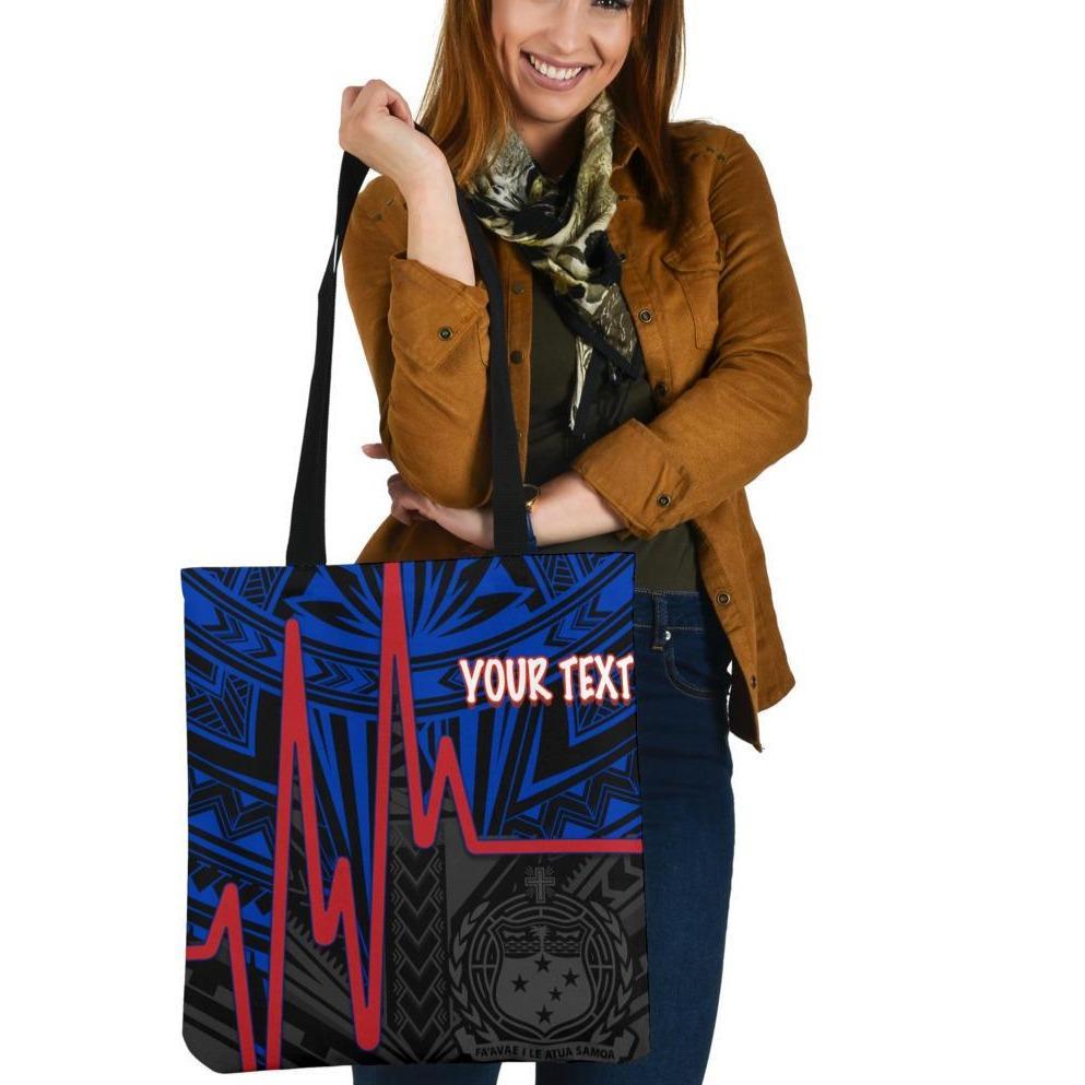 Samoa Personalised Tote Bags - Samoa Coat Of Arms With Polynesian Patterns In Heartbeat Style(Blue) Tote Bag One Size Blue - Polynesian Pride