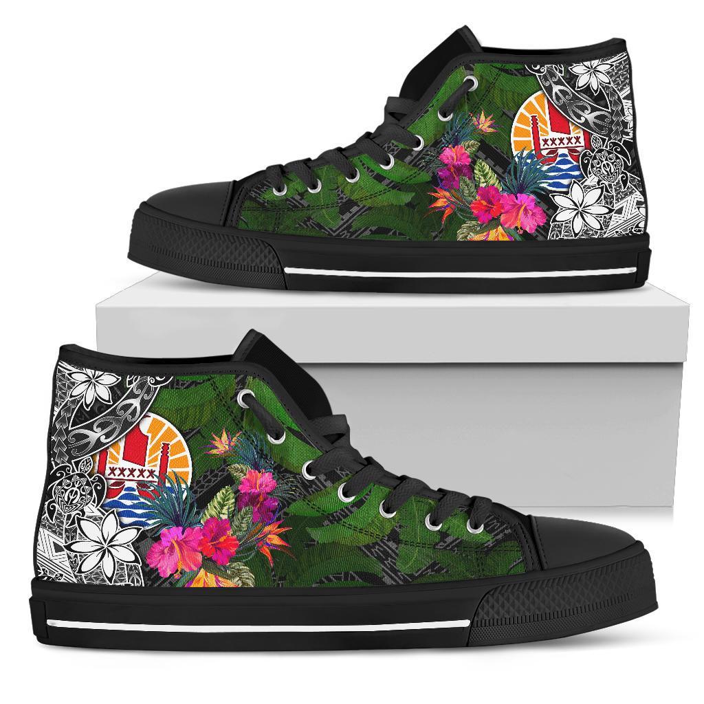 Tahiti High Top Shoes - Turtle Plumeria Banana Leaf Unisex Black - Polynesian Pride