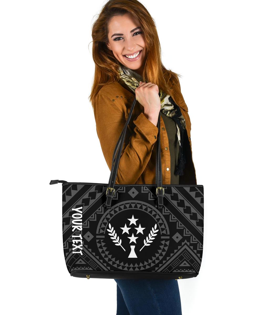 Kosrae Personalised Leather Tote Bag - Kosrae Flag In Polynesian Tattoo Style (Black) Black - Polynesian Pride