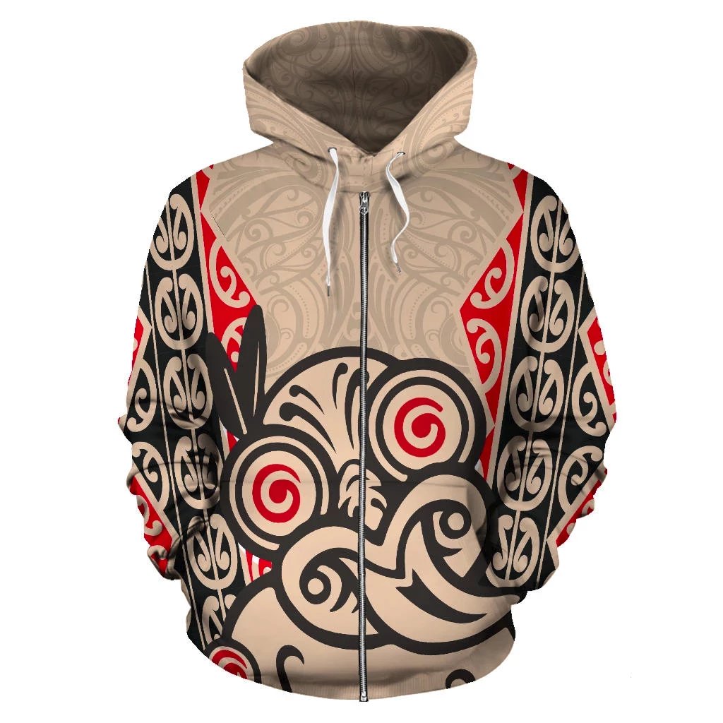 Hei Tiki With Maori Pattern Zip Hoodie Unisex Beige - Polynesian Pride