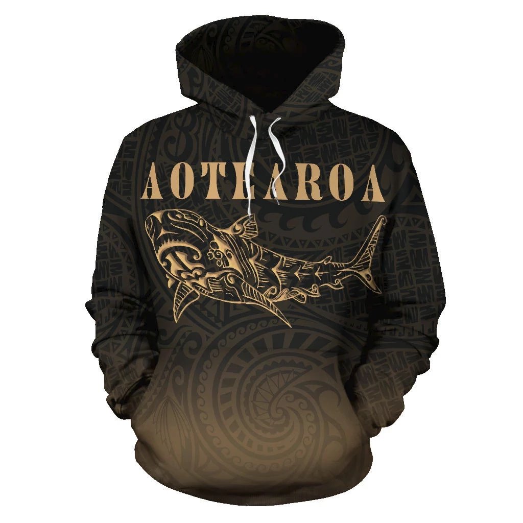 Maori Shark Aotearoa Hoodie Gold Unisex Black - Polynesian Pride