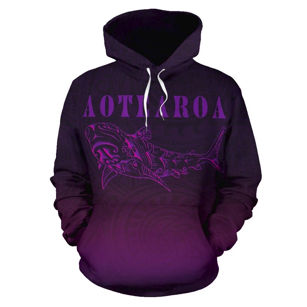 Maori Shark Aotearoa Hoodie Purple Unisex Black - Polynesian Pride