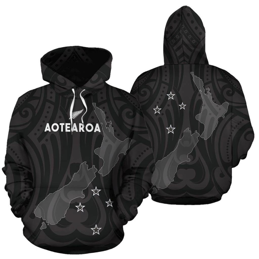 Aotearoa New Zealand Hoodie Patterns Maori Aotearoa Map Unisex Black - Polynesian Pride