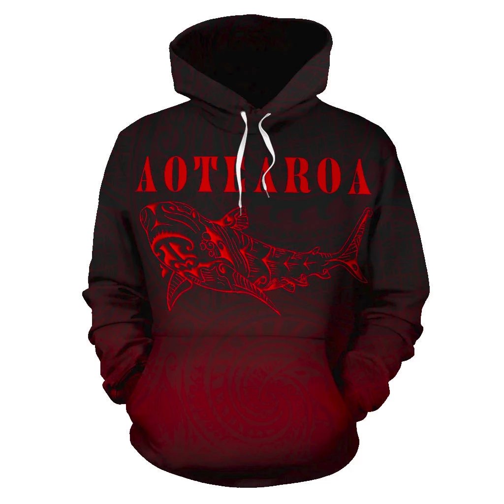 Maori Shark Aotearoa Hoodie Red Unisex Black - Polynesian Pride