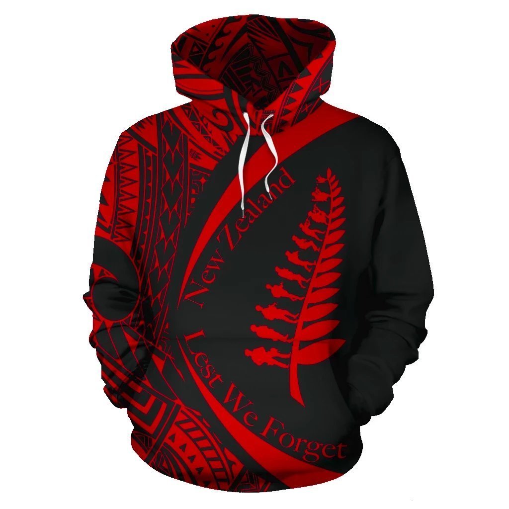 New Zealand Lest We Forget Maori Hoodie Circle Style Red Unisex Black - Polynesian Pride