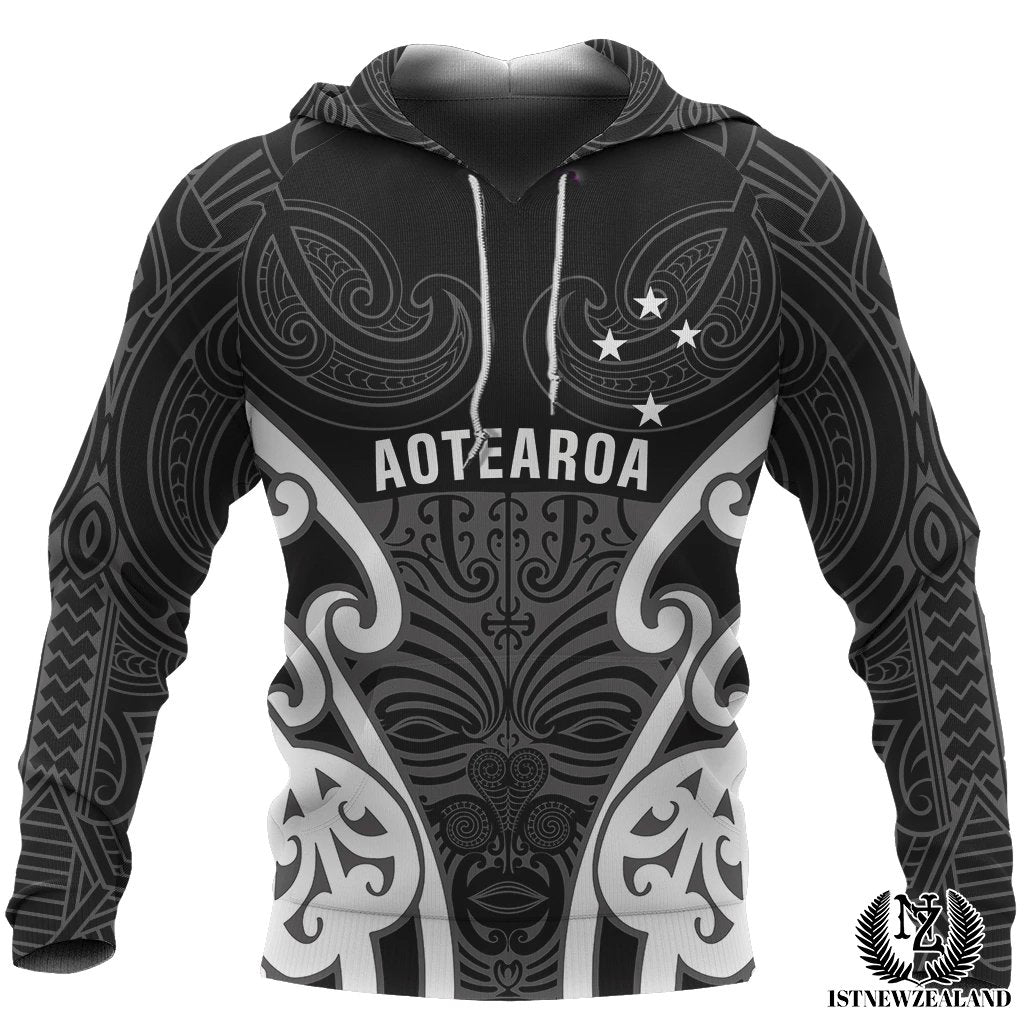 Aotearoa Hoodie Maori Moko (Black White) Unisex Black - Polynesian Pride