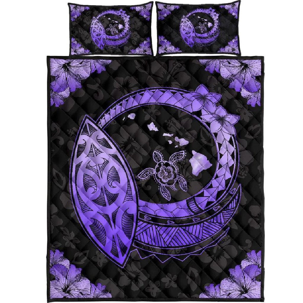 Hawaii Hibiscus Map Polynesian Quilt Bed Set Purple Black - Polynesian Pride