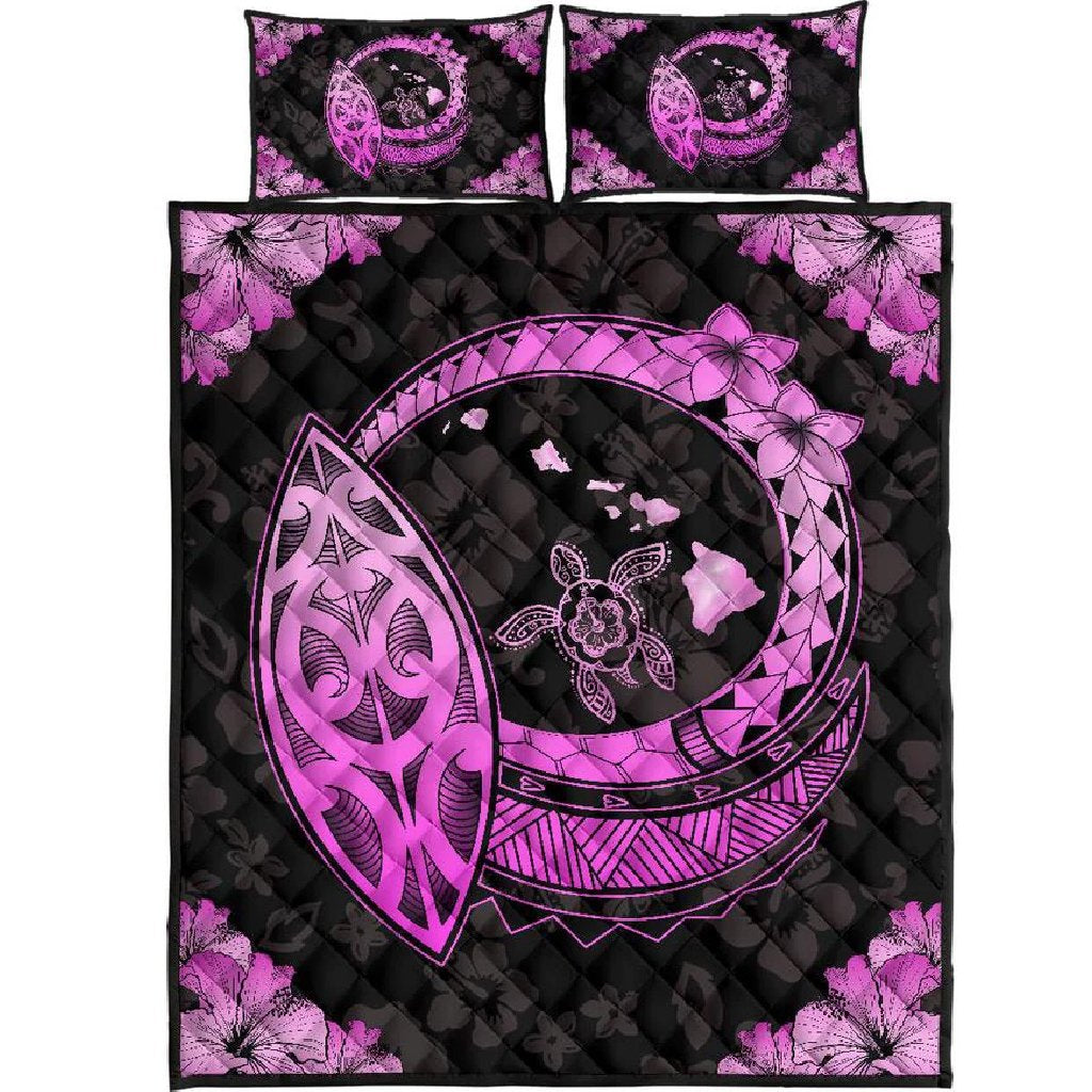 Hawaii Hibiscus Map Polynesian Quilt Bed Set Pink Black - Polynesian Pride