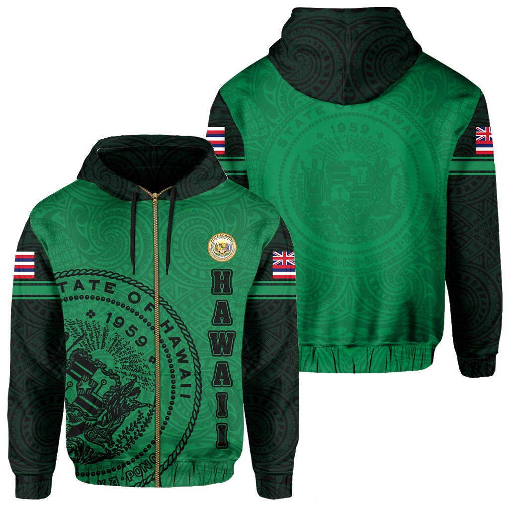 Polynesian Flag Seal of Hawaii Zip Hoodie Green Unisex Green - Polynesian Pride
