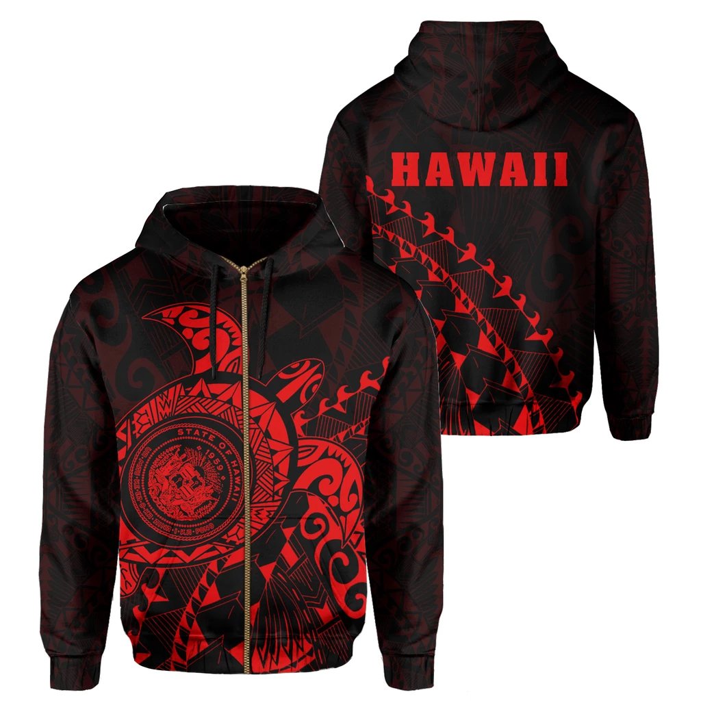 Hawaii Coat of Arms Zipper Hoodie (Red) Turtle Style Unisex Art - Polynesian Pride