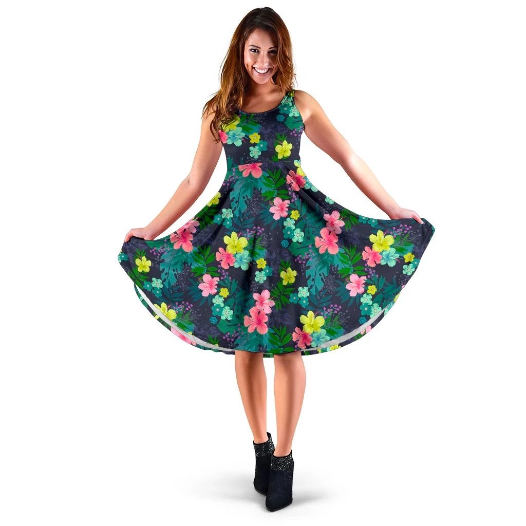 Hawaii Tropical Hibiscus Midi Dress Midi Dress Green - Polynesian Pride