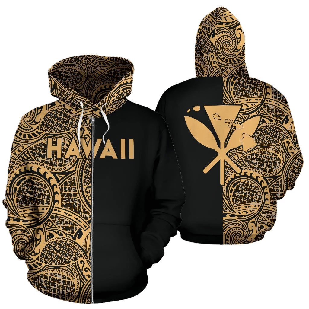 Hawaii Kanaka Polynesian Zip up Hoodie The Half Gold Unisex Gold - Polynesian Pride
