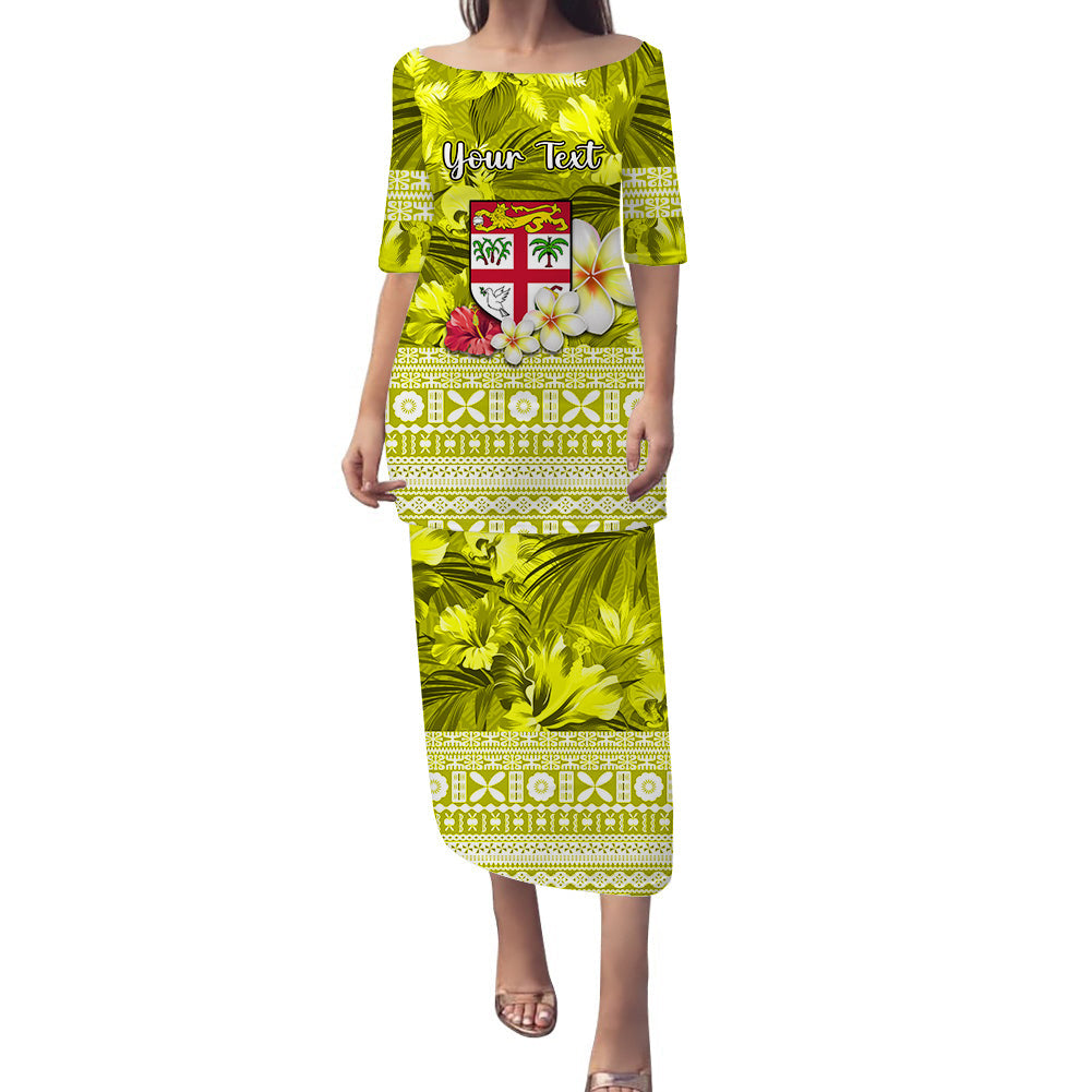 (Custom Personalised) Fiji Puletasi Dress Yellow Tapa Pattern Fijian Tropical Flowers LT13 Yellow - Polynesian Pride