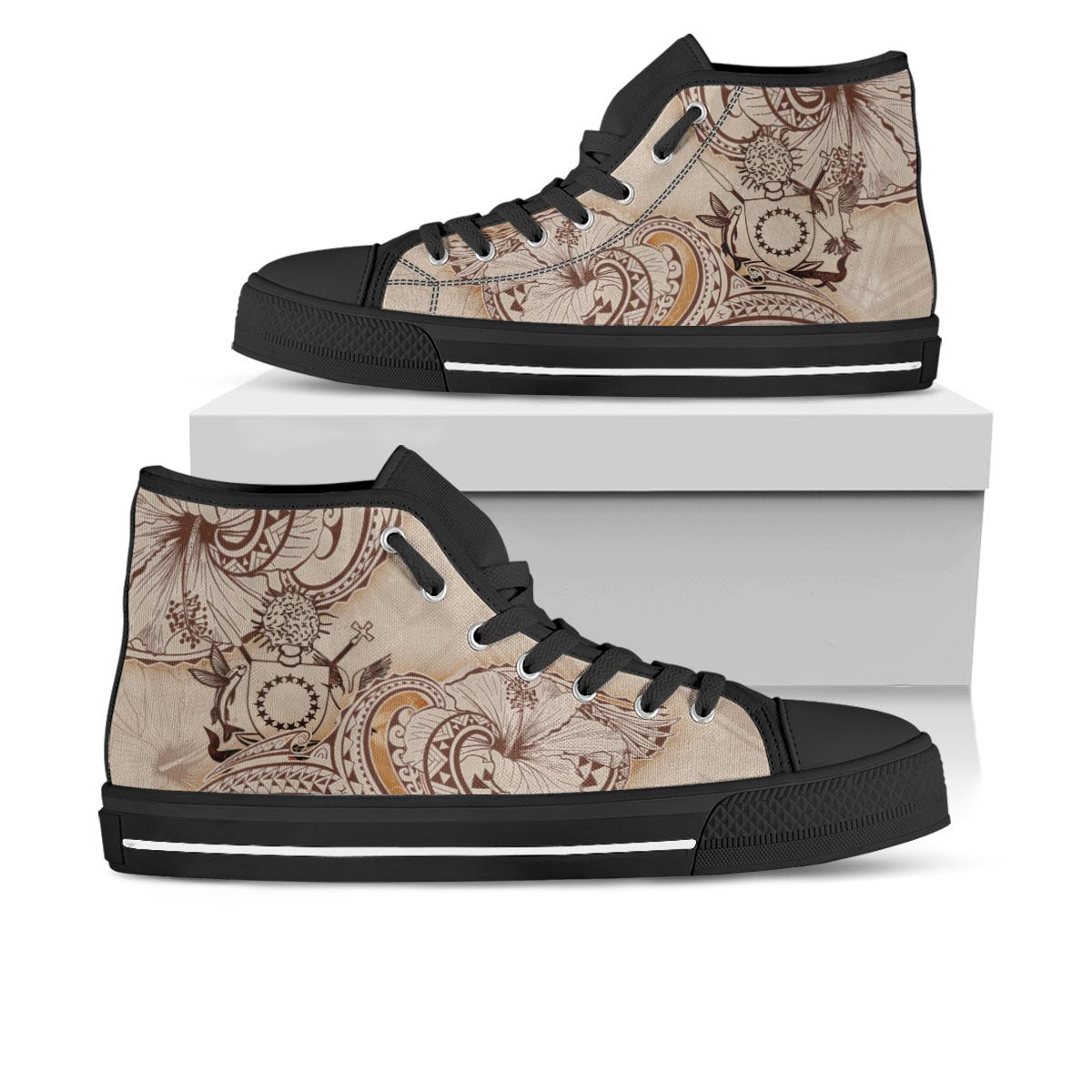 Cook Islands High Top Shoes - Hibiscus Flowers Vintage Style Unisex Black - Polynesian Pride