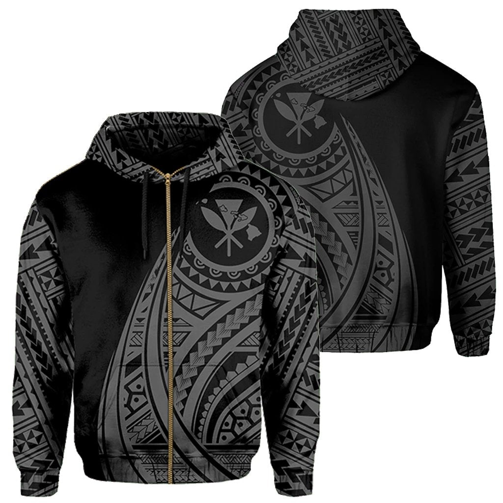 Hawaii Kanaka Polynesian Zip up Hoodie Tatoo Style Grey Unisex Grey - Polynesian Pride