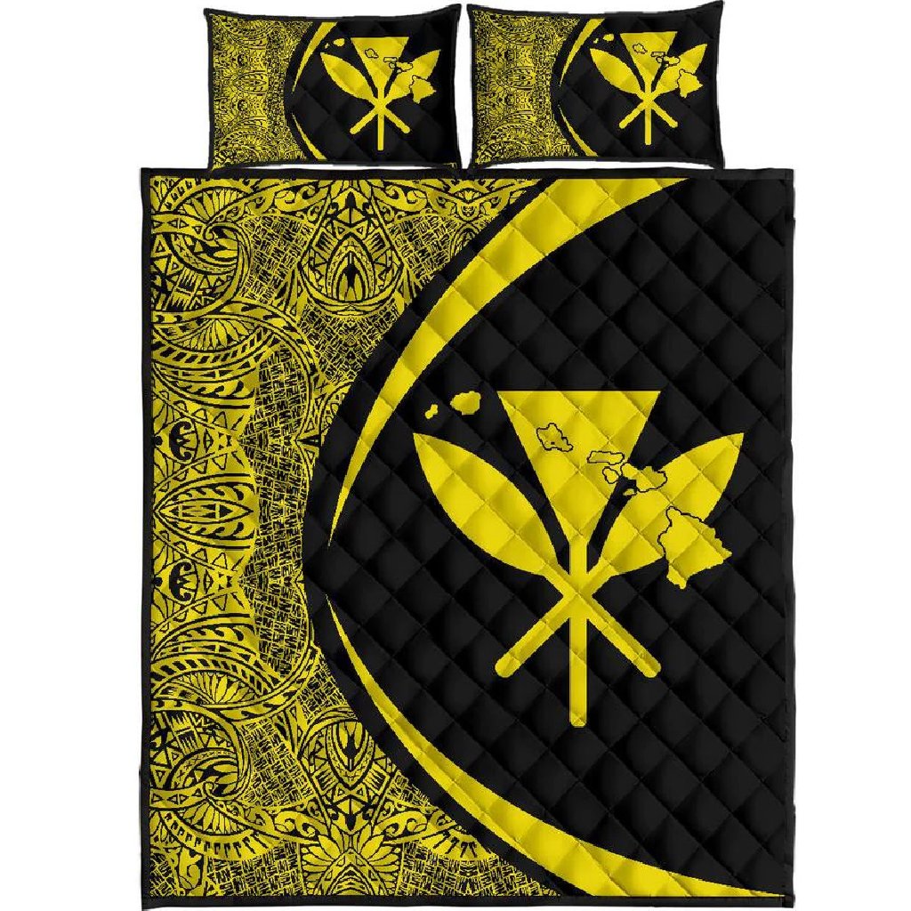 Hawaii Kanaka Polynesian Quilt Bed Set - Circle Style Yellow Black - Polynesian Pride