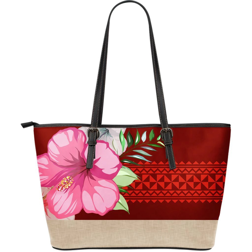 Hawaii Hibiscus Red Large Leather Tote Red - Polynesian Pride