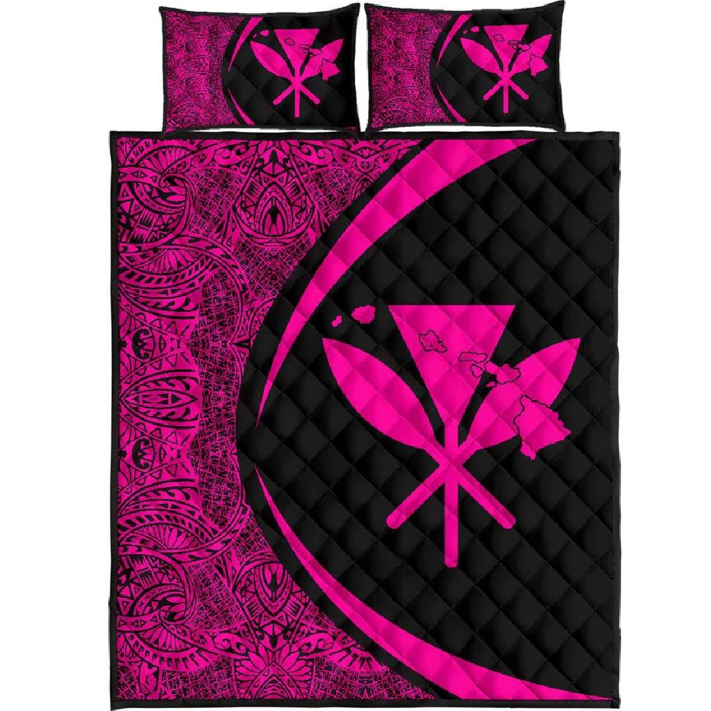 Hawaii Kanaka Polynesian Quilt Bed Set - Circle Style Pink Black - Polynesian Pride