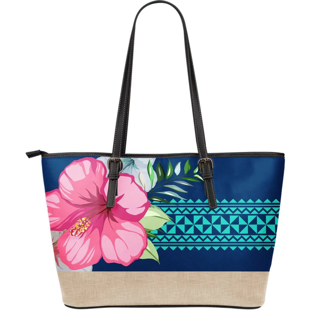 Hawaii Hibiscus Blue Large Leather Tote Blue - Polynesian Pride