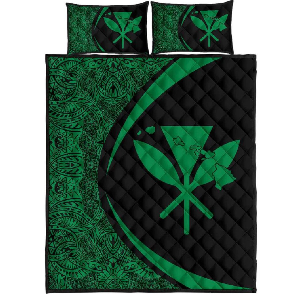 Hawaii Kanaka Polynesian Quilt Bed Set - Circle Style Green Black - Polynesian Pride