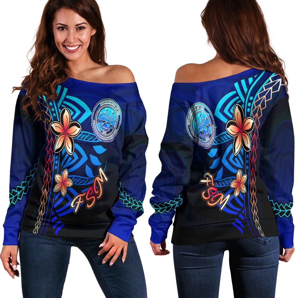 Federated States of Micronesia Women's Off Shoulder Sweater - Vintage Tribal Mountain Blue - Polynesian Pride