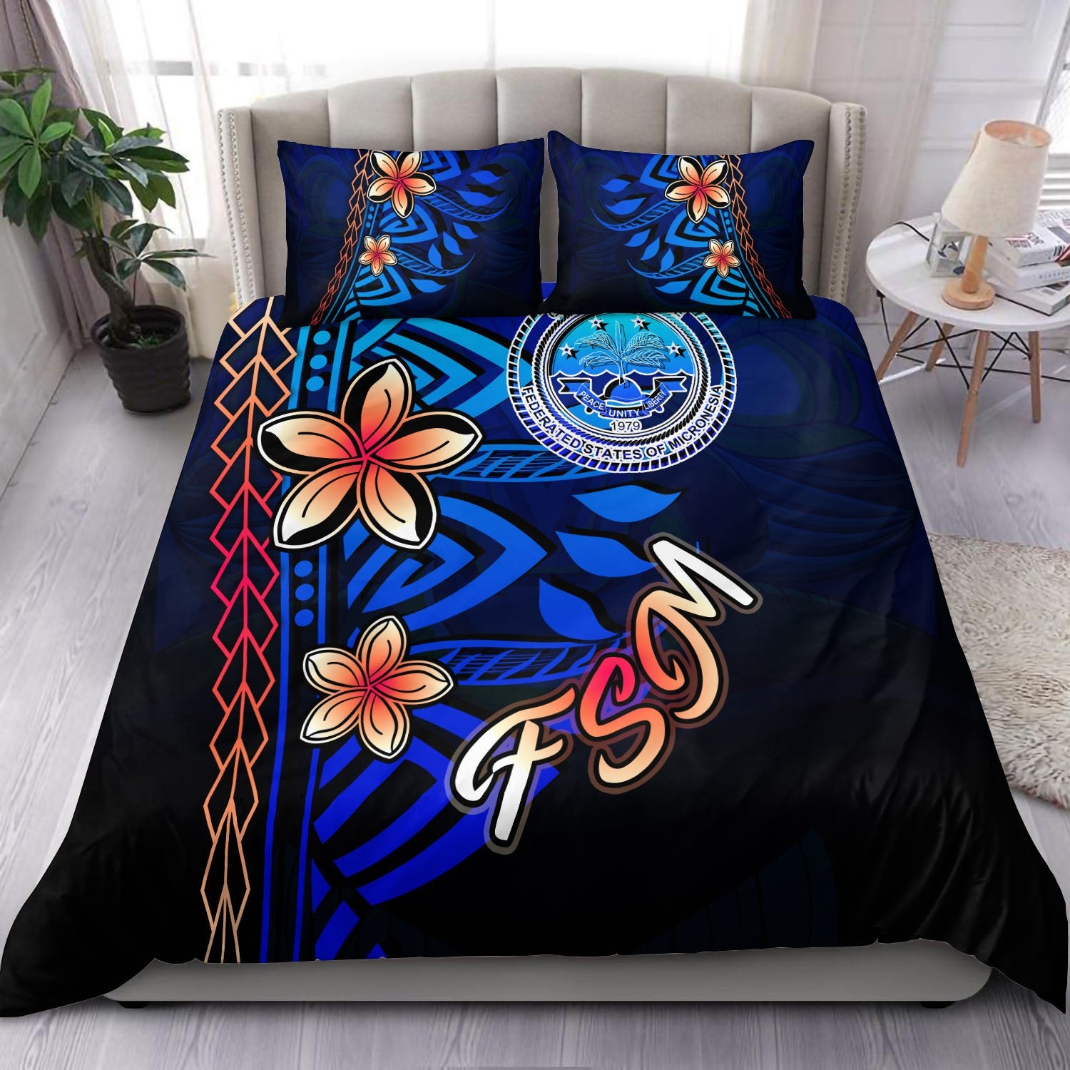 Federated States of Micronesia Bedding Set - Vintage Tribal Mountain Blue - Polynesian Pride