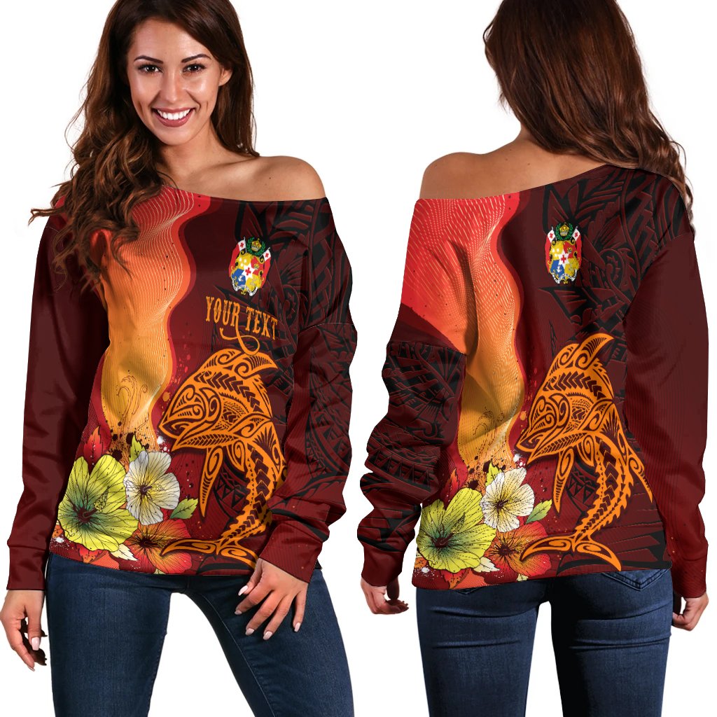 Tonga Custom Personalised Women's Off Shoulder Sweater - Tribal Tuna Fish Orange - Polynesian Pride