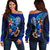 Marshall Islands Women's Off Shoulder Sweater - Vintage Tribal Mountain Crest Blue - Polynesian Pride