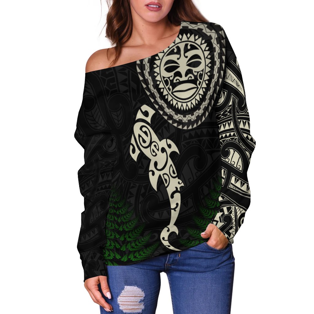Aotearoa Fern Off Shoulder Sweater Maori Manaia and Fish LT13 - Polynesian Pride