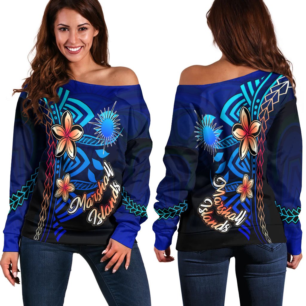 Marshall Islands Women's Off Shoulder Sweater - Vintage Tribal Mountain Blue - Polynesian Pride