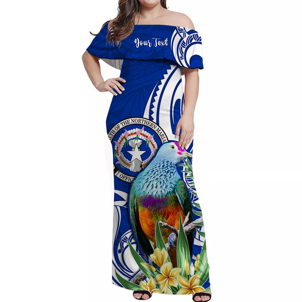 (Custom Personalised) Northern Mariana Islands Off Shoulder Long Dress Mariana Fruit Dove Mix Frangipani Flowers Blue LT13 Long Dress Blue - Polynesian Pride