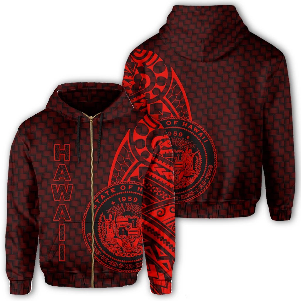 Hawaii Polynesian Zipper Hoodie Red Emboss Style Unisex Red - Polynesian Pride