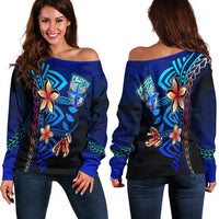 Fiji Women's Off Shoulder Sweater - Vintage Tribal Mountain Blue - Polynesian Pride