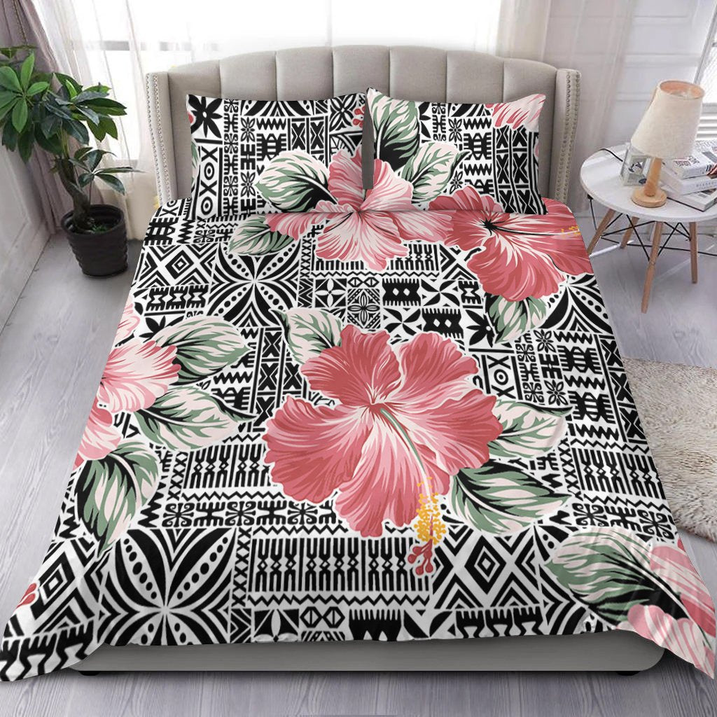 Polynesian Bedding Set - Pink Hibiscus Flower With Tapa Pattern 3 Pieces Bedding Set Art - Polynesian Pride