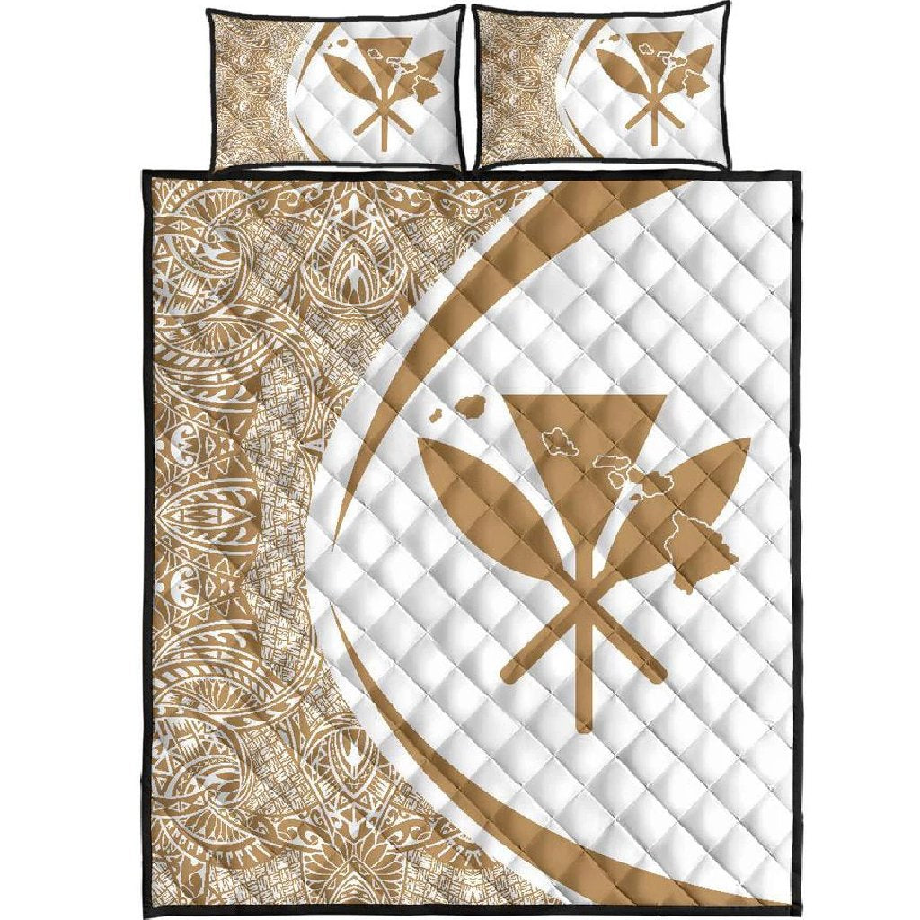 Hawaii Kanaka Polynesian Quilt Bed Set - Circle Style Gold And White Black - Polynesian Pride