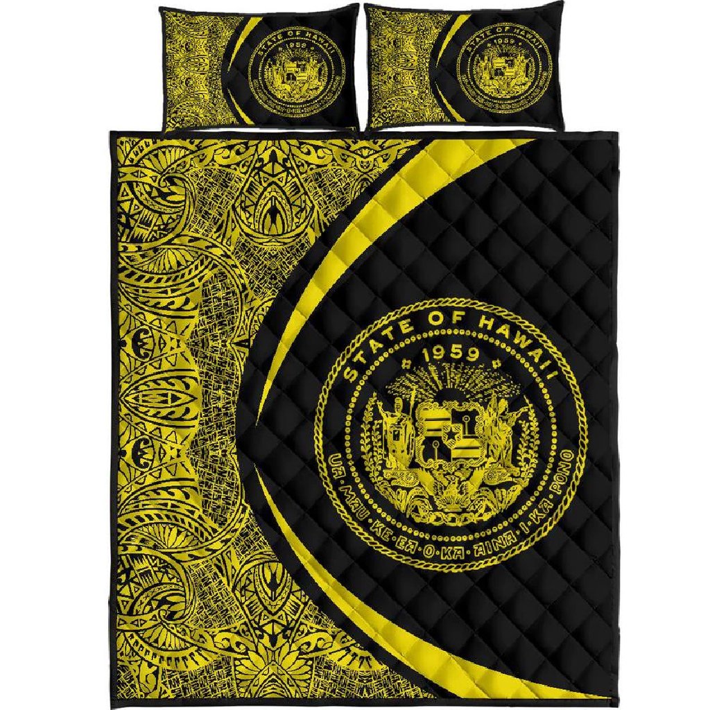 Hawaii Coat Of Arms Polynesian Quilt Bed Set - Circle Style Yellow Black - Polynesian Pride