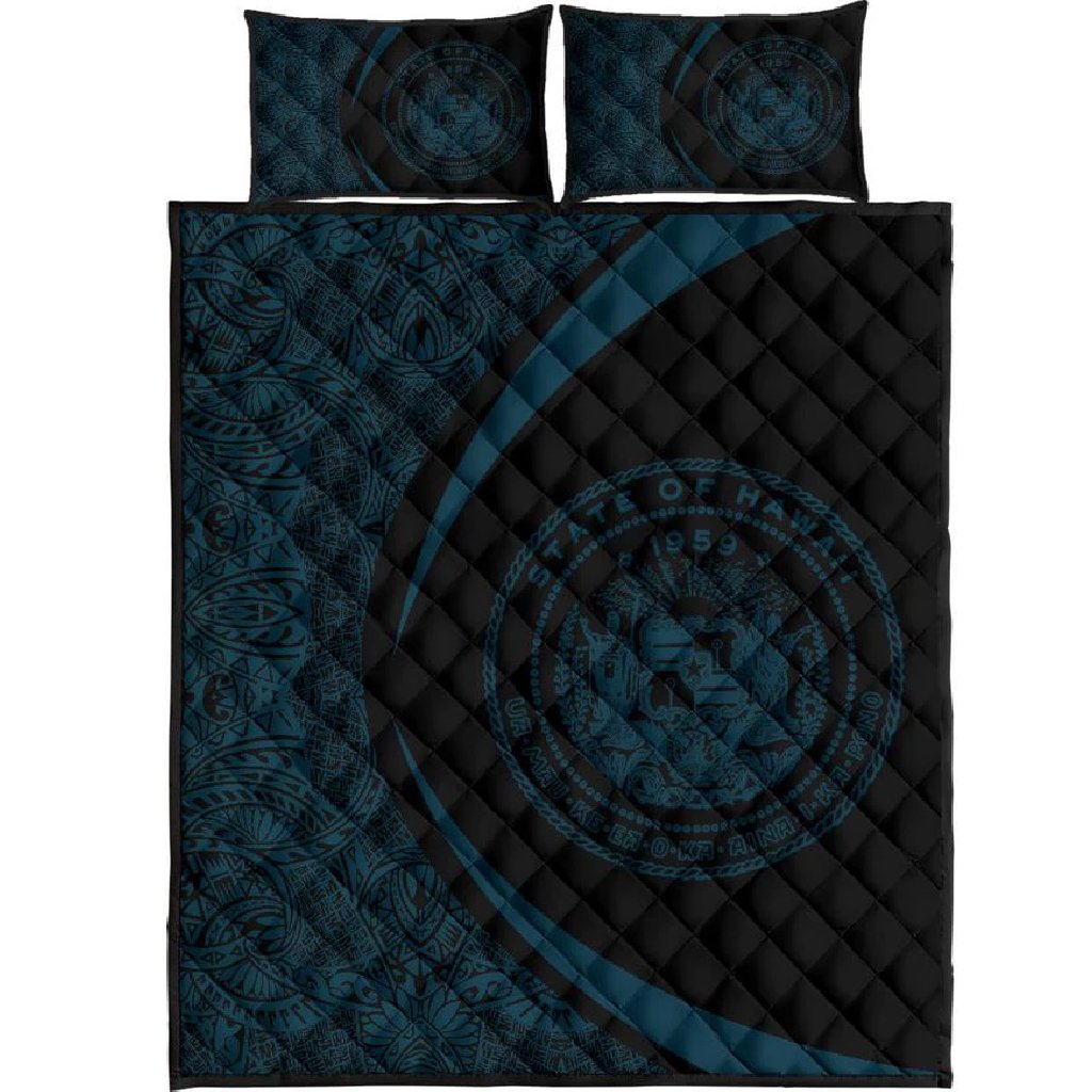 Hawaii Coat Of Arms Polynesian Quilt Bed Set - Circle Style Blue And Black Black - Polynesian Pride
