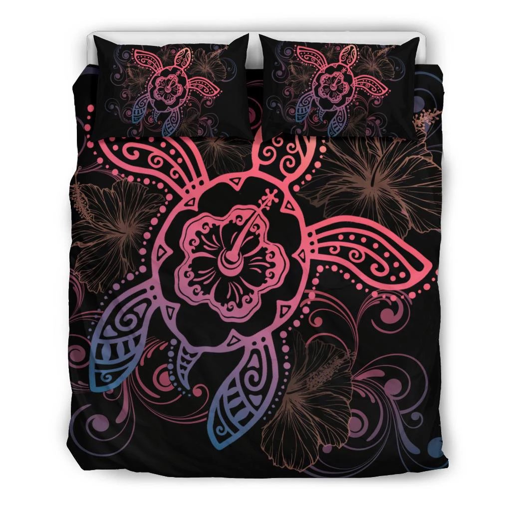 Hawaiian Hibiscus Turtle Wave Polynesian Bedding Set Pink Black - Polynesian Pride