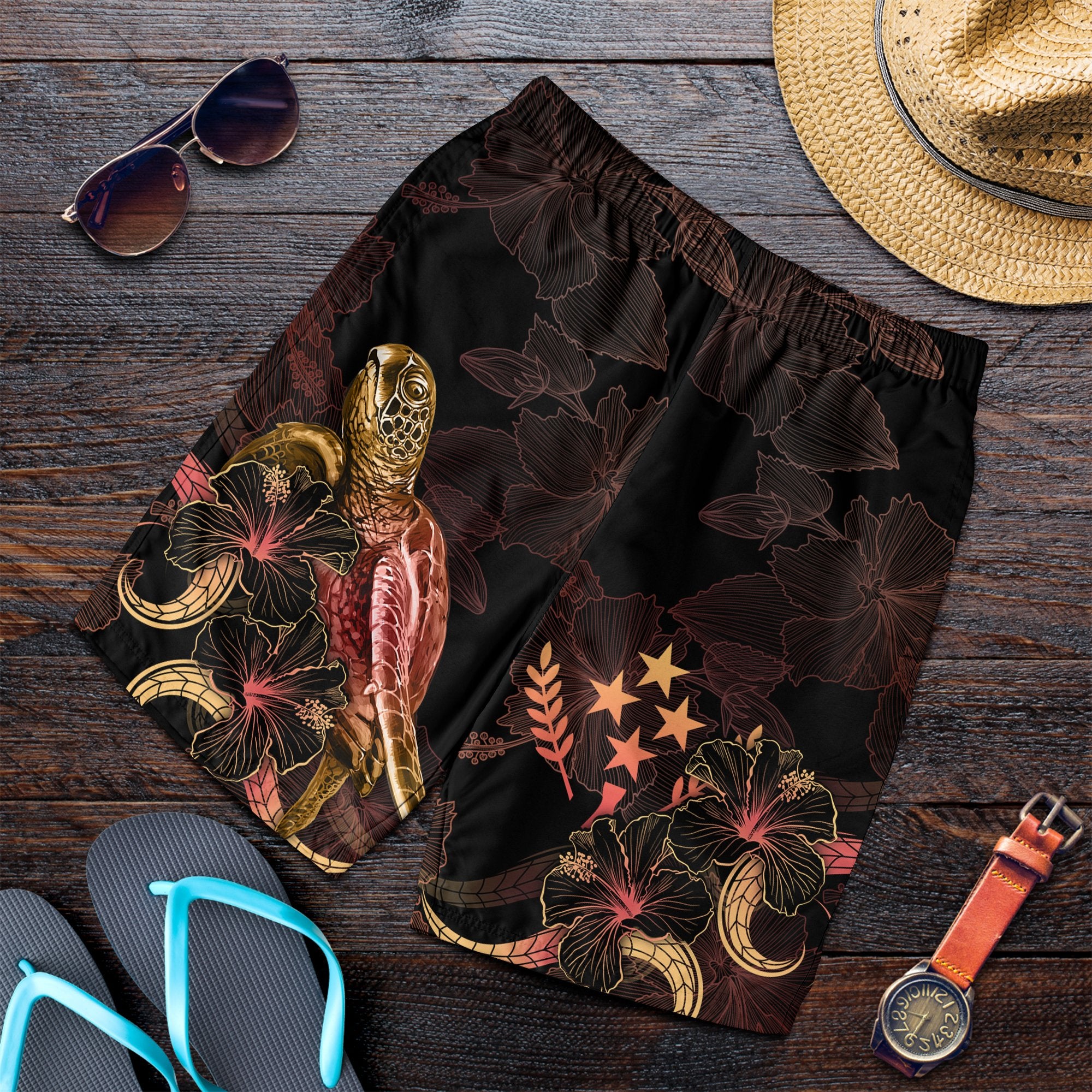 Kosrae Polynesian Men's Shorts - Turtle With Blooming Hibiscus Gold Gold - Polynesian Pride