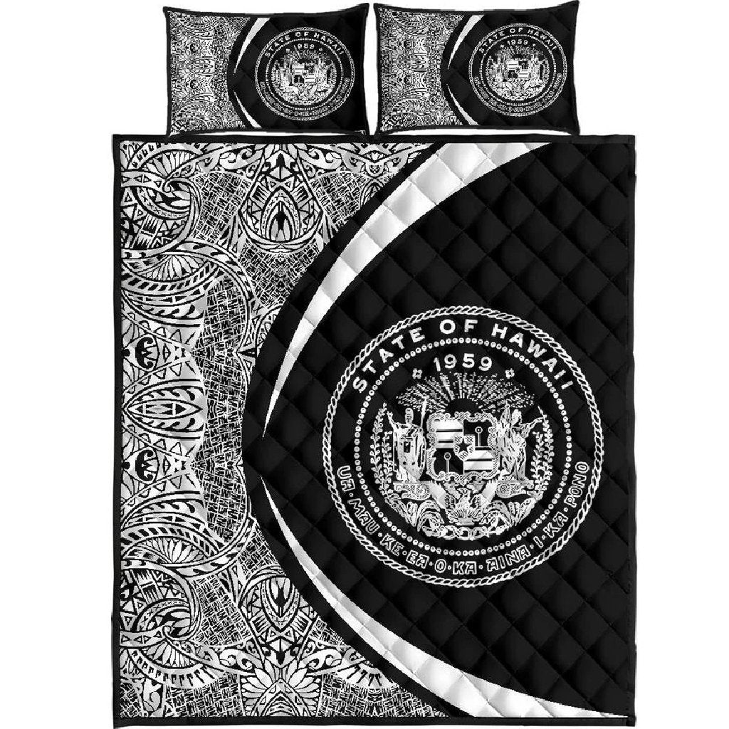 Hawaii Coat Of Arms Polynesian Quilt Bed Set - Circle Style White Black - Polynesian Pride