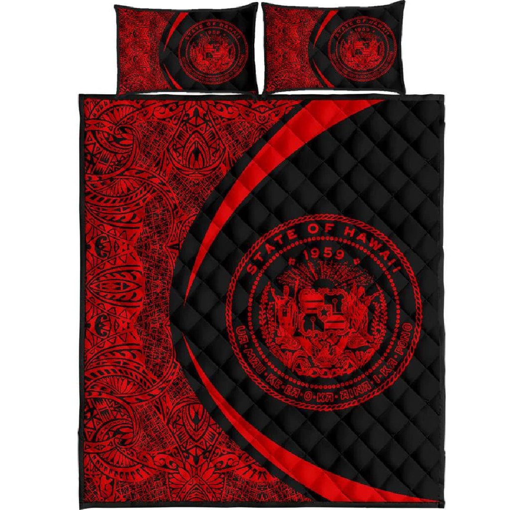 Hawaii Coat Of Arms Polynesian Quilt Bed Set - Circle Style Red Black - Polynesian Pride