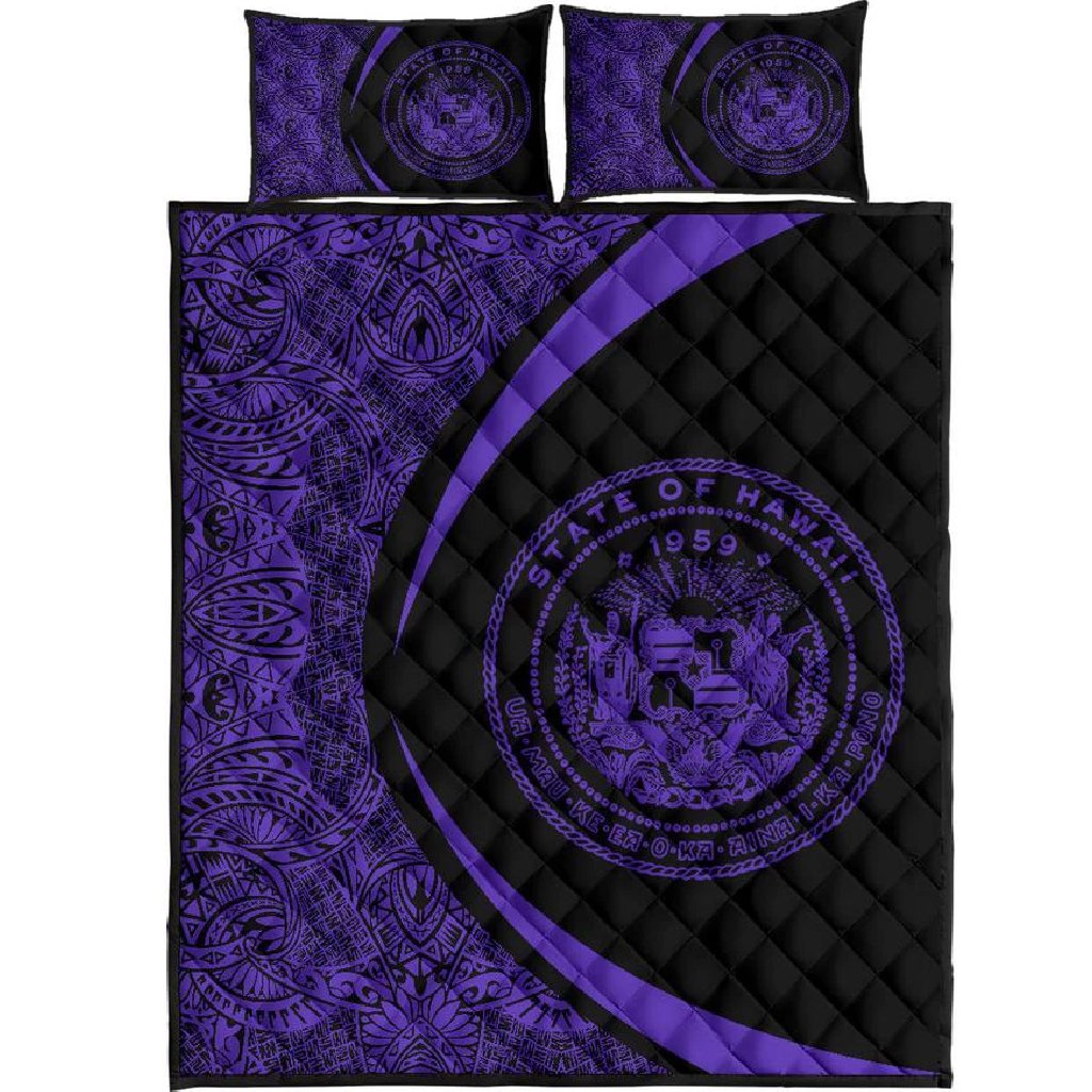 Hawaii Coat Of Arms Polynesian Quilt Bed Set - Circle Style Purple Black - Polynesian Pride