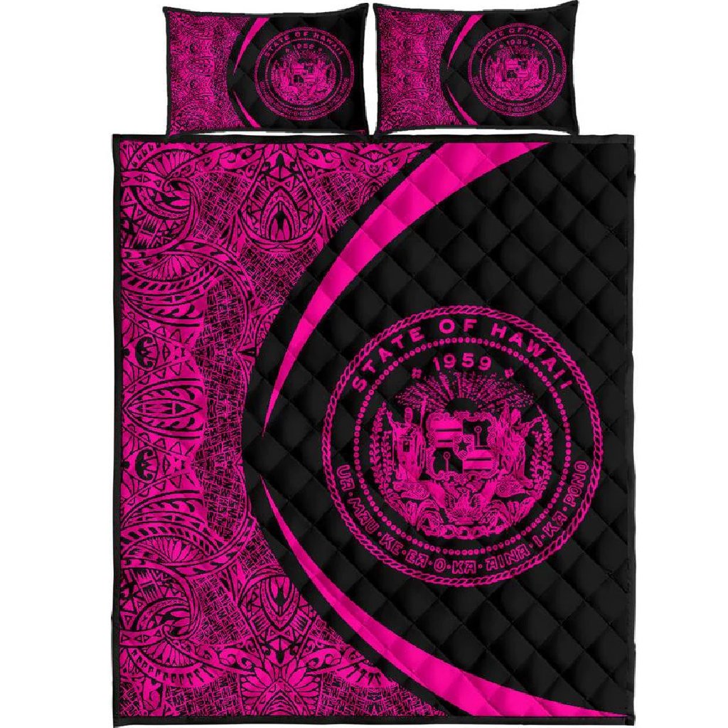 Hawaii Coat Of Arms Polynesian Quilt Bed Set - Circle Style Pink Black - Polynesian Pride