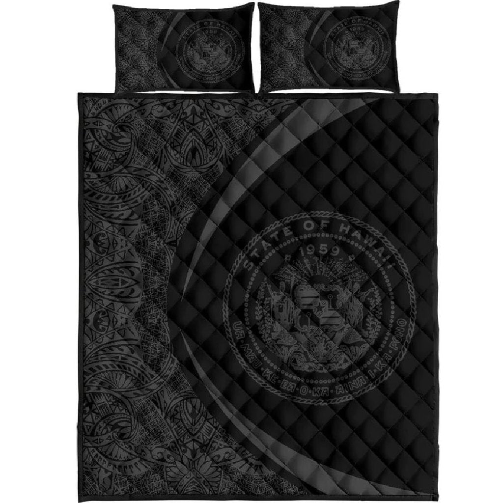 Hawaii Coat Of Arms Polynesian Quilt Bed Set - Circle Style Grey Black - Polynesian Pride