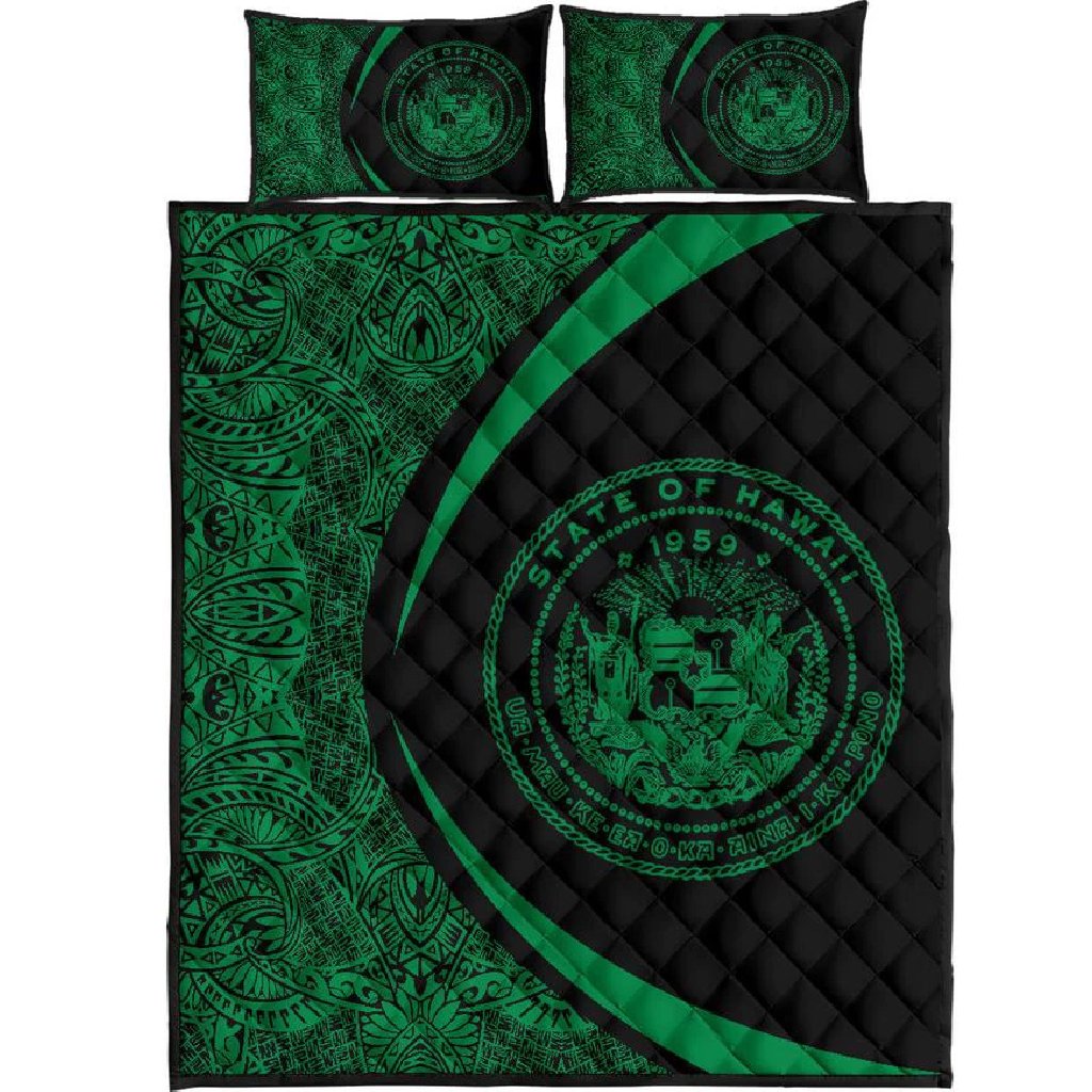 Hawaii Coat Of Arms Polynesian Quilt Bed Set - Circle Style Green Black - Polynesian Pride