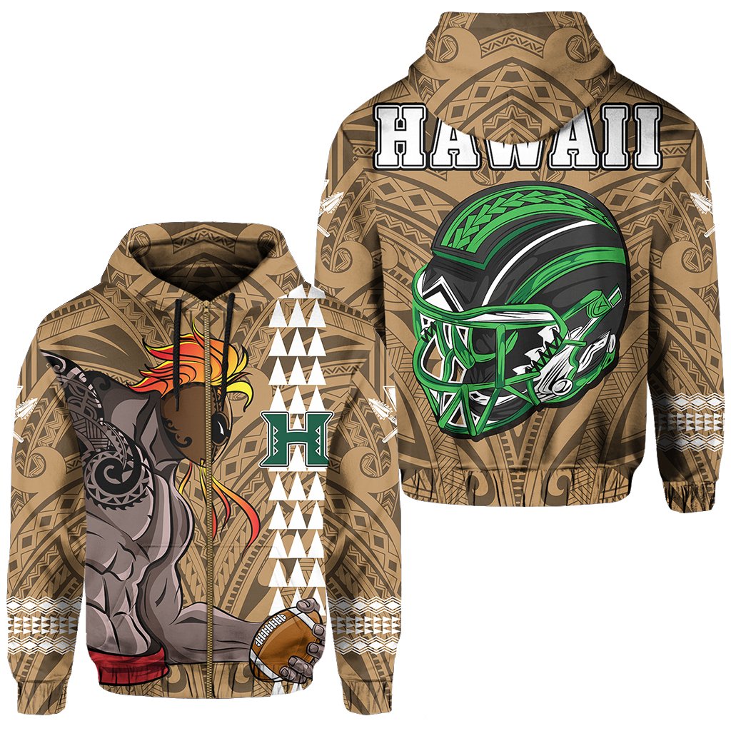 Polynesian Warrior Helmet Football Kanaka Kakau Hawaii Zip Hoodie Gold Unisex Gold - Polynesian Pride